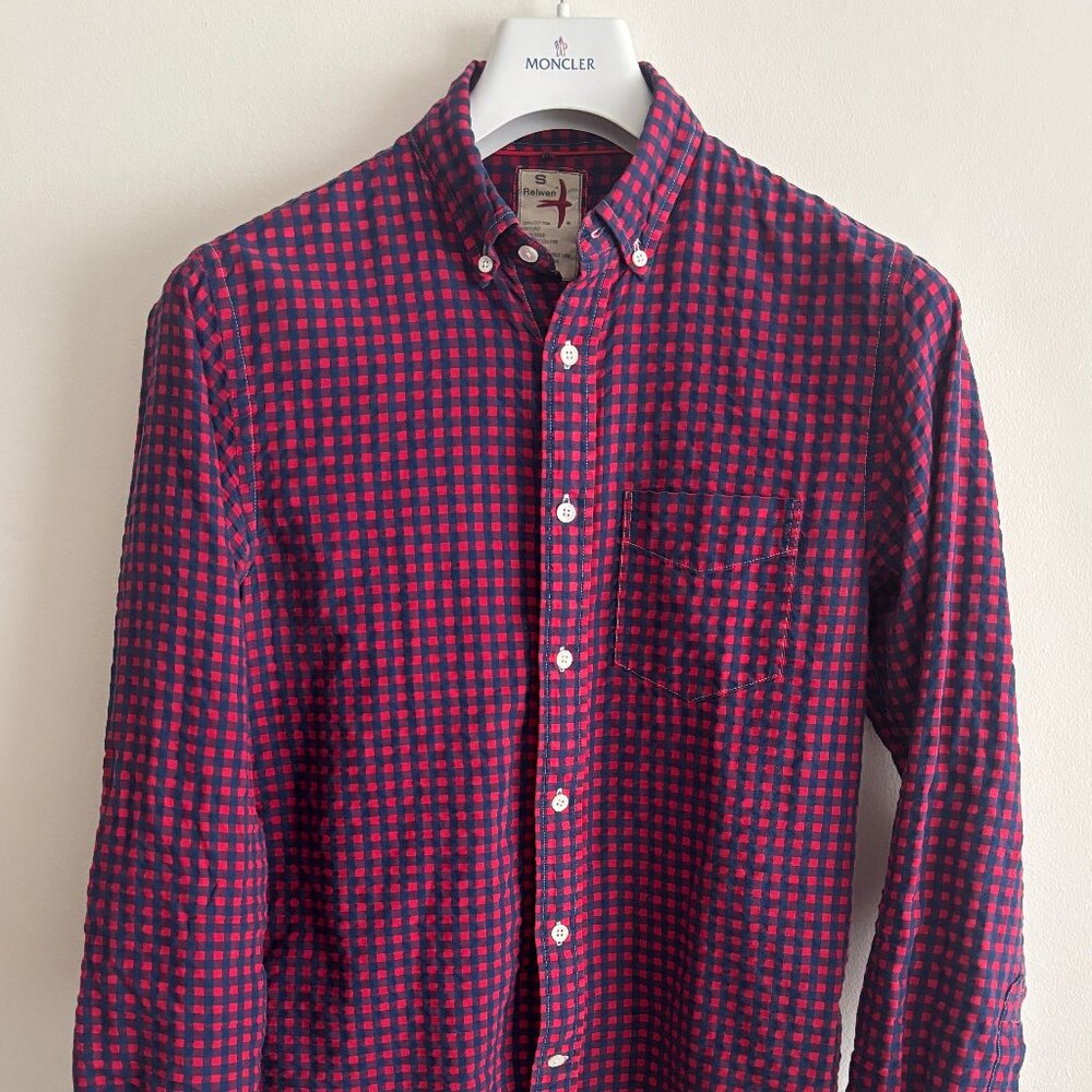 Relwen Gingham Cotton Seersucker Long Sleeve Button Down Shirt - Small